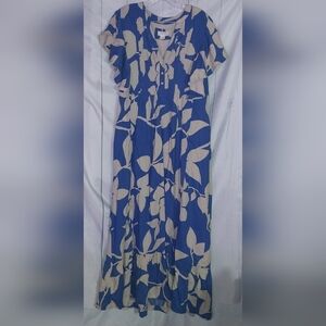 Maeve By Anthropologie Blue and Cream Floral Boho Hippie Maxi Dress Size M